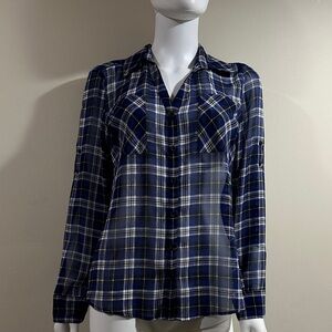 Express Size Medium Portofino Shirt Navy Plaid Button-Up Sheer Blouse